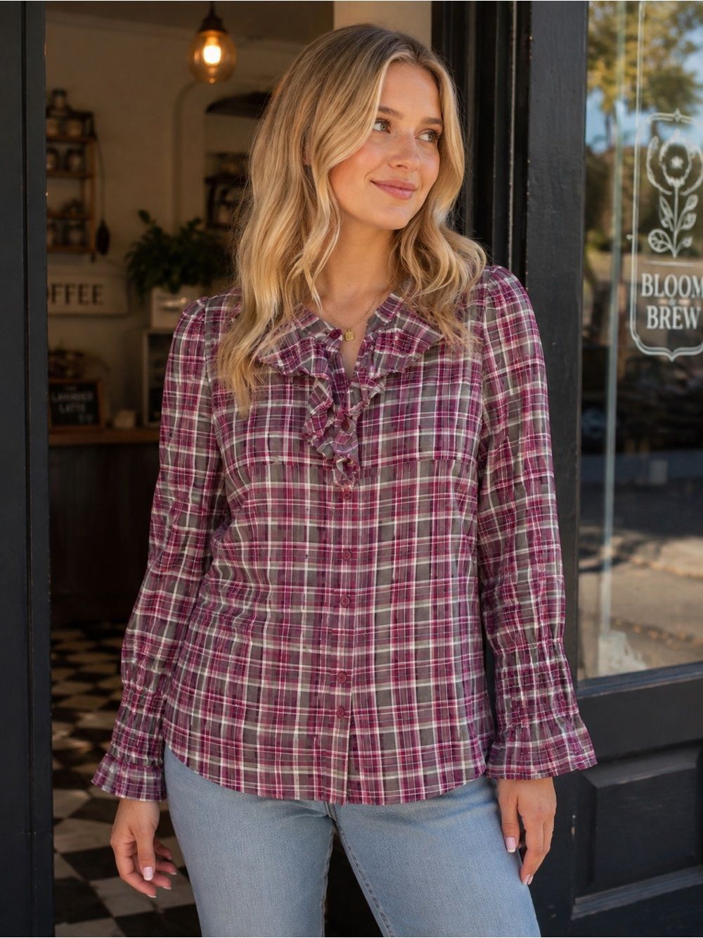 Y2K‎ Ruffle Front Blouse Size Small Smocked Long Sleeve Button Cuffs Top